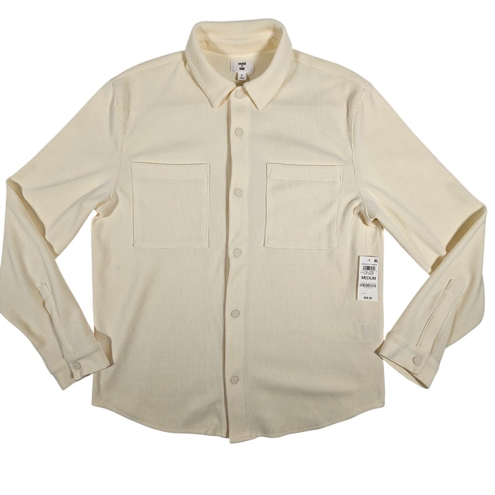 MODE OF ONE Mens Cream Corduroy Button Down Shirt Long Sleeve Classic Fit Medium